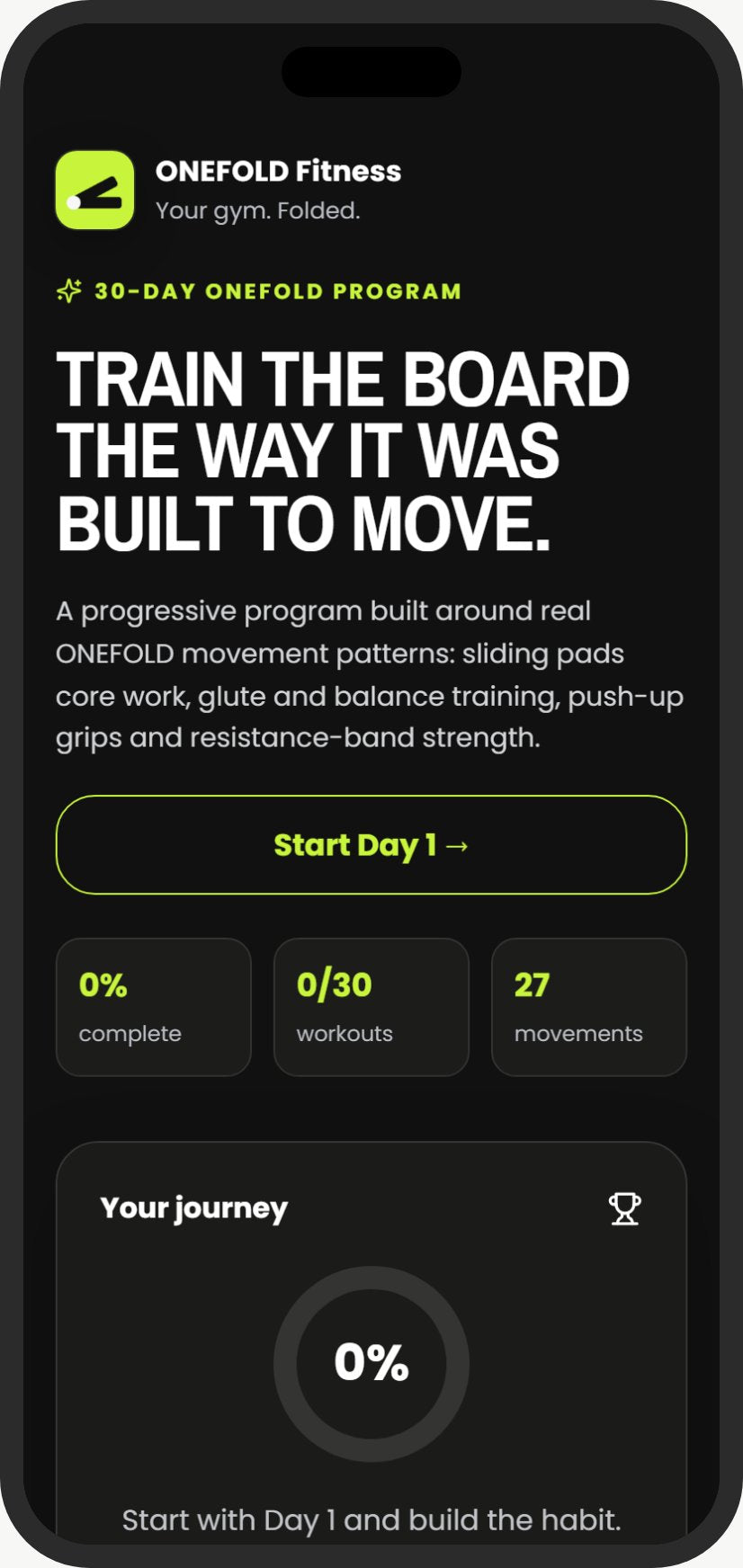 The ONEFOLD app home screen showing the 30-day program