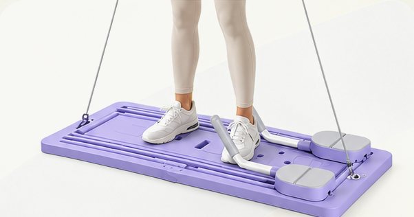 Woman standing on the board pulling the resistance bands